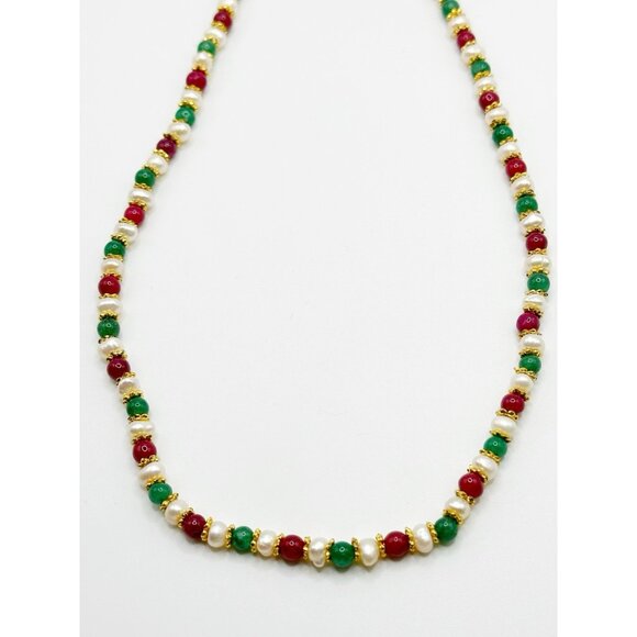 Gold Plated Pearl Red & Green Semi Precious Stone Beaded Necklace 16.5” - Picture 3 of 4